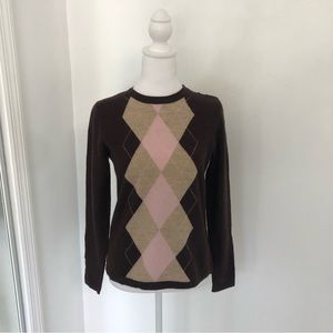 TWEEDS Women Brown Rhombus Details Crewneck Long Sleeve Sweater S Merino Wool